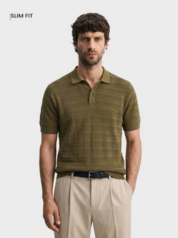 The Indian Garage Co - Olive Cotton Blend Collar Neck Slim Fit Textured Half Sleeves Polo T-Shirt