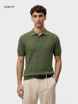 The Indian Garage Co - Green Cotton Blend Collar Neck Slim Fit Textured Half Sleeves Polo T-Shirt