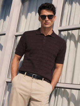 The Indian Garage Co - Brown Cotton Blend Collar Neck Slim Fit Textured Half Sleeves Polo T-Shirt