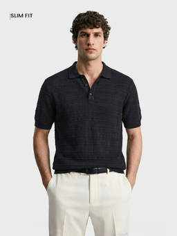 The Indian Garage Co - Black Cotton Blend Collar Neck Slim Fit Textured Half Sleeves Polo T-Shirt