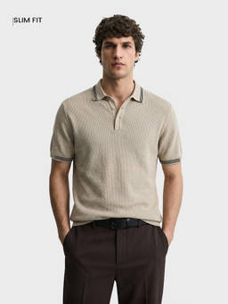 The Indian Garage Co - Beige Cotton Blend Collar Neck Slim Fit Textured Half Sleeves Polo T-Shirt