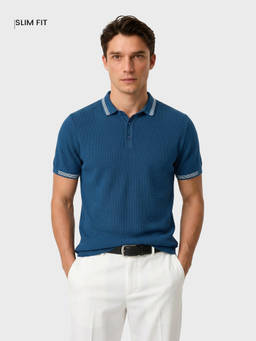 The Indian Garage Co - Blue Cotton Blend Collar Neck Slim Fit Textured Half Sleeves Polo T-Shirt