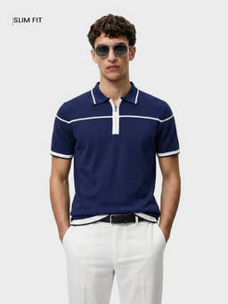The Indian Garage Co - Blue Cotton Blend Collar Neck Slim Fit Solid/Plain Polo T-Shirt