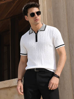 The Indian Garage Co - Cream Cotton Blend Collar Neck Slim Fit Textured Half Sleeves Polo T-Shirt