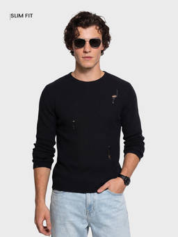 The Indian Garage Co - Black Cotton Crew Neck Slim Fit Textured Full Sleeves T-Shirt