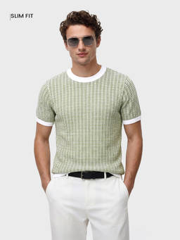 The Indian Garage Co - Green Cotton Blend Crew Neck Slim Fit Textured Half Sleeves T-Shirt