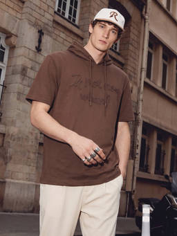 The Indian Garage Co - Brown Cotton Blend Hooded Boxy Fit Typography Half Sleeves T-Shirt
