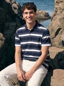 The Indian Garage Co - Blue Cotton Blend Collar Neck Regular Fit Stripes Half Sleeves Polo T-Shirt