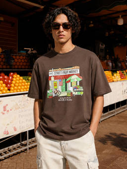 The Indian Garage Co - Brown Cotton Crew Neck Relaxed Fit Printed Half Sleeves T-Shirt