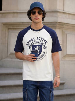 The Indian Garage Co - White Cotton Crew Neck Relaxed Fit Colorblock Half Sleeves T-Shirt