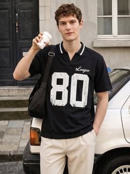 The Indian Garage Co - Black Cotton Collar Neck Relaxed Fit Printed Half Sleeves Polo T-Shirt