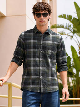 The Indian Garage Co - Green Cotton Collar Neck Slim Fit Checks Full Sleeves Shirt