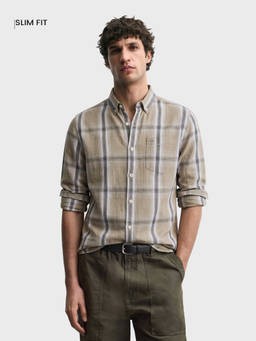 The Indian Garage Co - Khaki Cotton Collar Neck Slim Fit Checks Full Sleeves Shirt
