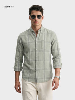 The Indian Garage Co - Green Cotton Collar Neck Slim Fit Checks Full Sleeves Shirt