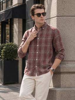 The Indian Garage Co - Maroon Cotton Collar Neck Slim Fit Checks Full Sleeves Shirt