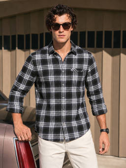 The Indian Garage Co - Black Cotton Collar Neck Slim Fit Checks Full Sleeves Shirt