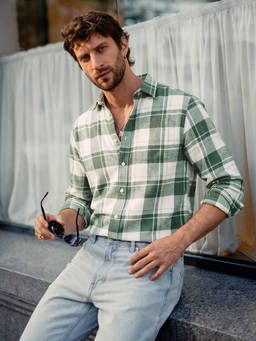 The Indian Garage Co - Green Cotton Collar Neck Slim Fit Checks Full Sleeves Shirt