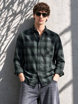 The Indian Garage Co - Green Cotton Collar Neck Slim Fit Checks Full Sleeves Shirt