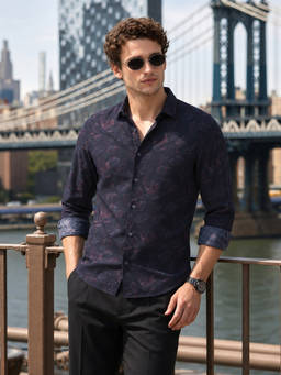 The Indian Garage Co - Navy Blue Polyester Collar Neck Slim Fit Printed Full Sleeves Shirt