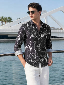 The Indian Garage Co - Black Polyester Collar Neck Slim Fit Printed Full Sleeves Shirt