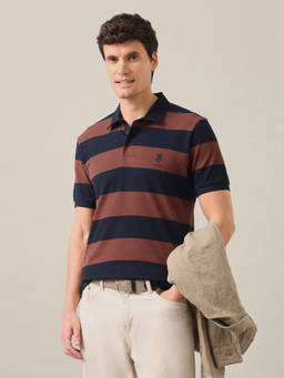 U.S. POLO ASSN. - Rust Cotton Collar Neck Slim Fit Stripes Half Sleeves Polo T-Shirt