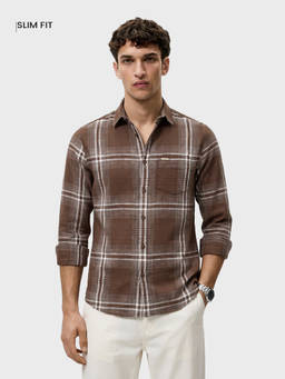 The Indian Garage Co - Brown Cotton Collar Neck Slim Fit Checks Full Sleeves Shirt