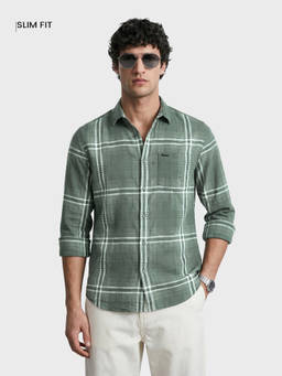 The Indian Garage Co - Green Cotton Collar Neck Slim Fit Checks Full Sleeves Shirt