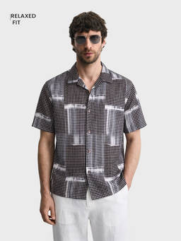 The Indian Garage Co - Grey Polycotton Collar Neck Relaxed Fit Printed Half Sleeves Shirt