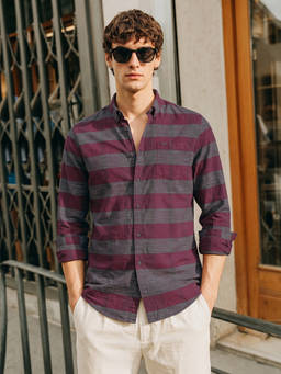 The Indian Garage Co - Maroon Cotton Collar Neck Slim Fit Stripes Full Sleeves Shirt