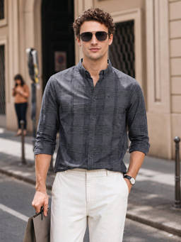 The Indian Garage Co - Grey Cotton Collar Neck Slim Fit Checks Full Sleeves Shirt