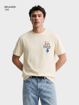 The Indian Garage Co - Cream Cotton Blend Crew Neck Relaxed Fit Typography Half Sleeves T-Shirt