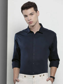The Indian Garage Co - Navy Blue Cotton Collar Neck Regular Fit Solid/Plain Full Sleeves Shirt