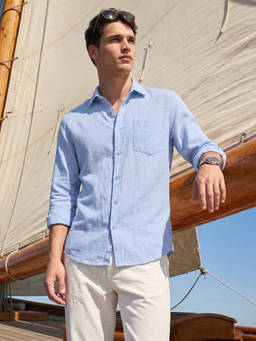 The Indian Garage Co - Blue Cotton Blend Collar Neck Slim Fit Solid/Plain Full Sleeves Shirt