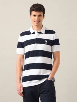 U.S. POLO ASSN. - White Cotton Collar Neck Slim Fit Stripes Half Sleeves Polo T-Shirt