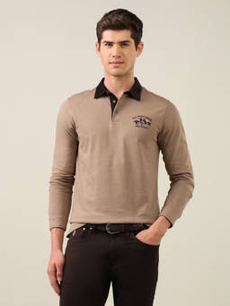 U.S. POLO ASSN. - Brown Cotton Collar Neck Slim Fit Solid/Plain Full Sleeves Polo T-Shirt