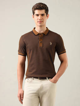 U.S. Polo Assn. Denim Co. - Brown Cotton Collar Neck Slim Fit Textured Half Sleeves Polo T-Shirt
