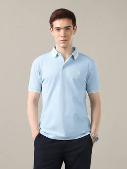 U.S. POLO ASSN. - Blue Cotton Collar Neck Slim Fit Solid/Plain Half Sleeves Polo T-Shirt