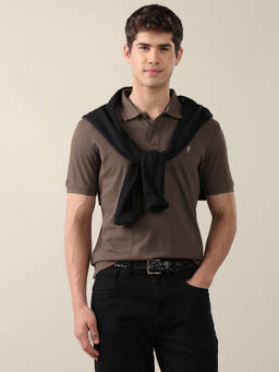 U.S. Polo Assn. Denim Co. - Brown Cotton Collar Neck Slim Fit Solid/Plain Polo T-Shirt