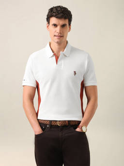 U.S. Polo Assn. Denim Co. - Ivory Cotton Collar Neck Slim Fit Colorblock Half Sleeves Polo T-Shirt