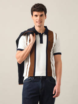 U.S. POLO ASSN. - Brown Cotton Collar Neck Slim Fit Stripes Half Sleeves Polo T-Shirt