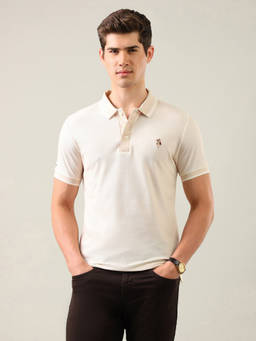 U.S. Polo Assn. Denim Co. - Ivory Cotton Collar Neck Slim Fit Solid/Plain Polo T-Shirt