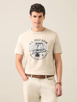 U.S. Polo Assn. Denim Co. - Beige Cotton Crew Neck Regular Fit Typography Half Sleeves T-Shirt