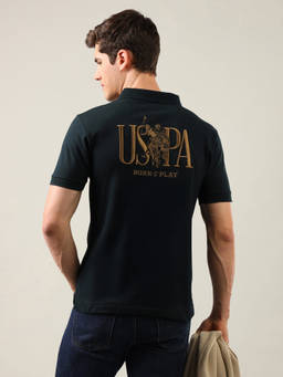 U.S. POLO ASSN. - Green Cotton Collar Neck Slim Fit Embroidered Half Sleeves Polo T-Shirt