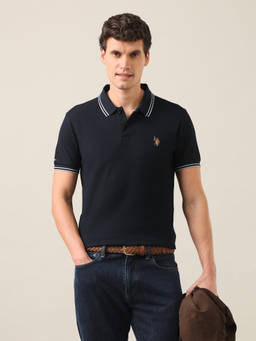 U.S. Polo Assn. Denim Co. - Navy Blue Cotton Collar Neck Slim Fit Solid/Plain Polo T-Shirt