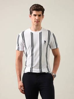 U.S. POLO ASSN. - White Cotton Crew Neck Slim Fit Stripes Half Sleeves T-Shirt