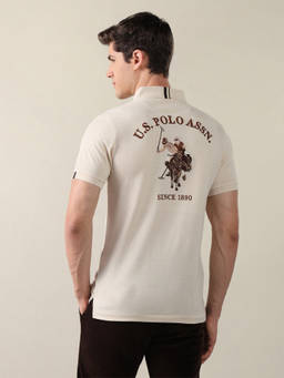 U.S. POLO ASSN. - Off White Cotton Collar Neck Slim Fit Graphic Half Sleeves Polo T-Shirt