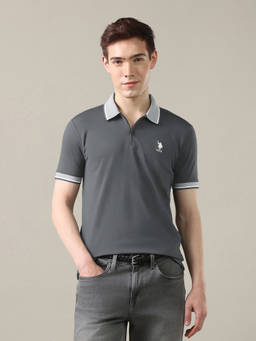 U.S. Polo Assn. Denim Co. - Grey Rayon Collar Neck Slim Fit Solid/Plain Half Sleeves Polo T-Shirt