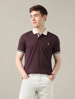 U.S. Polo Assn. Denim Co. - Maroon Cotton Collar Neck Slim Fit Solid/Plain Polo T-Shirt