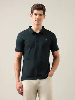 U.S. POLO ASSN. - Blue Cotton Collar Neck Slim Fit Embroidered Half Sleeves Polo T-Shirt