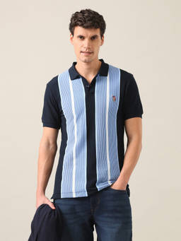 U.S. Polo Assn. Denim Co. - Blue Cotton Collar Neck Slim Fit Colorblock Half Sleeves Polo T-Shirt